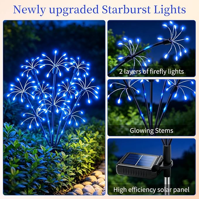 Solar Garden Lights Outdoor, 8 Pack 2-Layer Blue Solar Firework Lights, Waterproof Starburst Fairy Light Garden Decor for Yard Patio Pathway Lawn, Unique Gifts for Women Mom Grandma Mother's Day