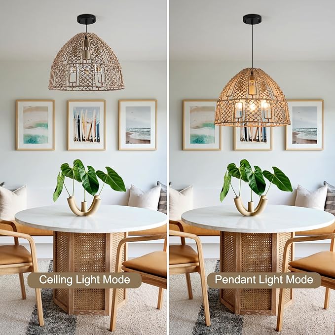 17.71" Rattan Pendant Light,Boho Hand Woven Wicker Hanging Light Seagrass Rattan Chandelier for Dining Living Bedroom