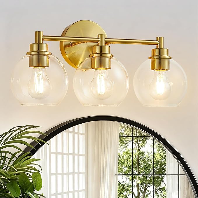 Gold Bathroom Vanity Lights, 3-Light Wall Sconce with Glass Globe Shade, Vanity Lighting for Bathroom/Bedroom/Dressing Room, Vertical/Horizontal Mounted, E26 Bulb Base (Bulb Not Included)