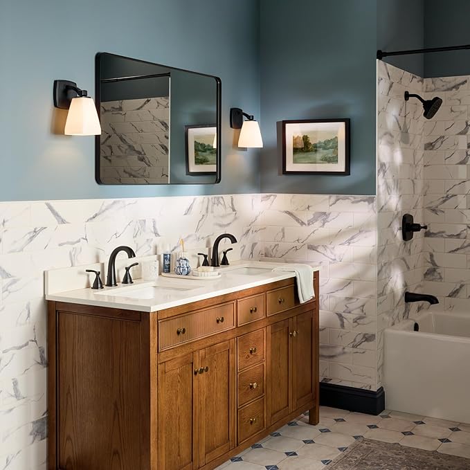 Kichler Marant 5" 1-Light Wall Sconce Bathroom Vanity Light Fixture with Opal Glass in Black for Bathroom, Powder Room, Hallway, Fireplace (5" W x 9.5" H), 55214BK