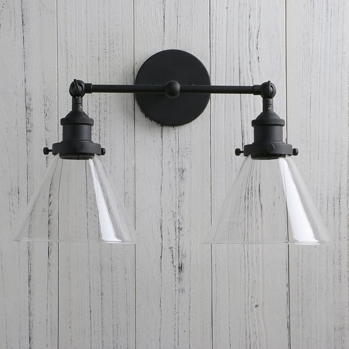 PERMO Industrial Double Sconce 2-Lights Wall Sconces with Dual Funnel Clear Glass Shade Wall Sconce for Mirror Hallway Bedroom, Hardwired, E26 Base (Black)