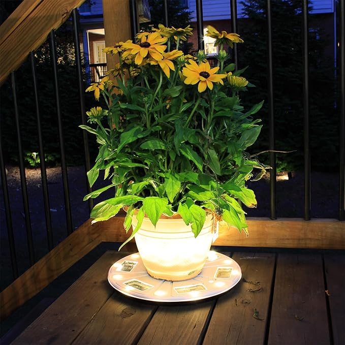 Gama Sonic 15" Illuminated Plant Stand for Outdoor, Solar Power, White Base for Exterior Potted Plants, Entryway, Pathway, Landscape Planter Lighting (78i50265)