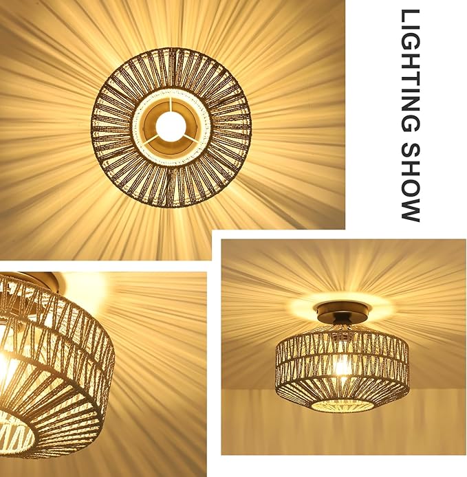 Boho Light Fixtures Ceiling Mount，Rattan Ceiling Light Fixture with Dimmable LED Bulb，Mini Hand Woven Chandelier Light Fixtures Ceilingfor Hallway Bedroom Kitchen Entryway Living Room（Grey）