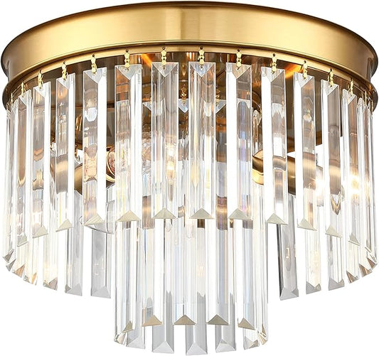 Crystal Flush Mount Ceiling Light Gold Finish 2-Tier Crystal Close to Ceiling Light Fixture for Living Room Bedroom Dinning Room Hallway