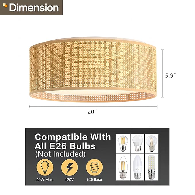 WINGBO 20" Modern 5-Light Flush Mount Ceiling Light Fixture with Fabric & Acrylic Double Drum Shade for Bedroom Living Room Dining Room Hallway Entryway, Brown