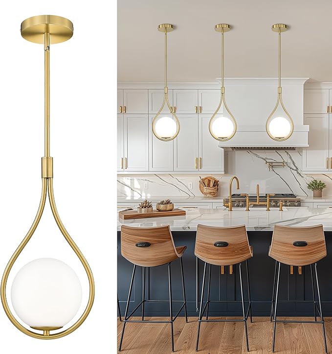 AUTELO Gold Pendant Lights, 1-Light Pendant Lights Kitchen Island in Brushed Gold Finish with Milky White Globe Glass, Mid Century Pendant Light Fixtures, Gold Hanging Lights for Kitchen H9377 MGBG