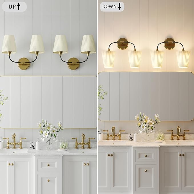 Bathroom Vanity Light with Fabric Shade, 2-Light Bathroom Vanity Light Over Mirror, Modern Light Fixtures for E26 Bulb, Flared Wall Lights for Bedroom, Hallway, Entryway (Black Gold)