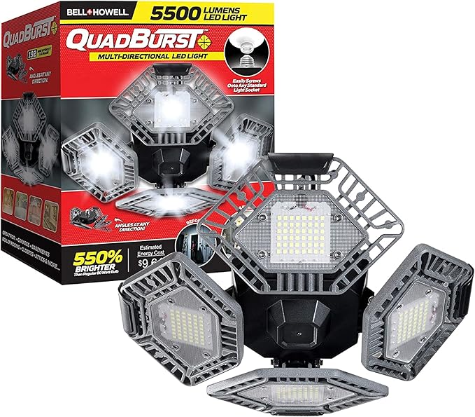 Bell+Howell QUADBURST LED Ceiling Light Bulbs 80W 5500 Lumens – 4 Aluminum Deformable Panels LED Shop Light Fixture for Indoor, Bedroom, Garage Lights, Home Improvement, E26 / E27 Socket (Gray)