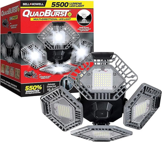Bell+Howell QUADBURST LED Ceiling Light Bulbs 80W 5500 Lumens – 4 Aluminum Deformable Panels LED Shop Light Fixture for Indoor, Bedroom, Garage Lights, Home Improvement, E26 / E27 Socket (Gray)