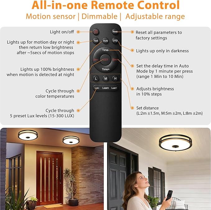 Motion Sensor Outdoor Ceiling Light with Remote, 24W Dimmable 2700K/3000K/3500K/4000K/5000K Flush Mount Porch Light, 12" Dusk to Dawn Exterior Lighting Fixtures for Patio, Porch, Entryway