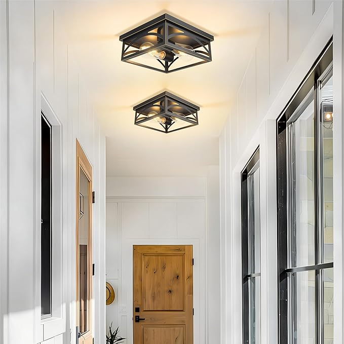 Black Flush Mount Ceiling Light Fixture, Industrial Light Fixture Ceiling Mount for Hallway Kitchen Porch Bedroom, Outdoor Ceiling Light Flush Mount, E26, 1 Pack, Gold Trim