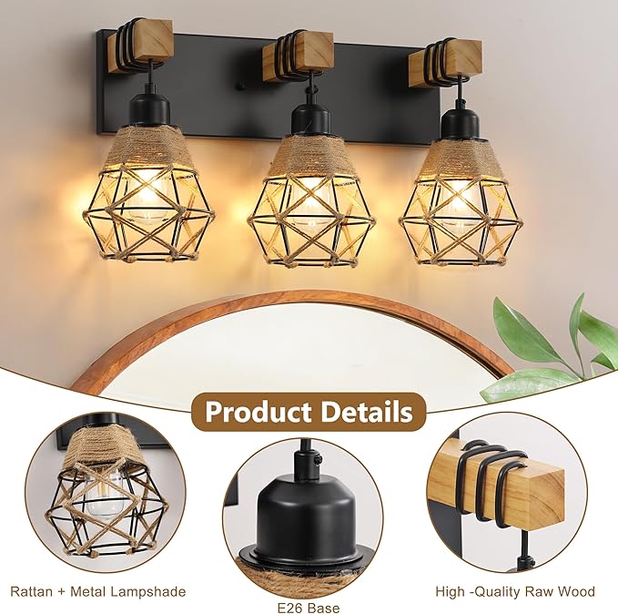 LmnLvn Farmhouse Bathroom Light Fixture, 3-Light Black Rattan Vanity Light, Boho Bathroom Light Fixture Over Mirror Rustic Vanity Lighting with Handwoven Shades, Suit for Restroom, Bedroom, Hallway