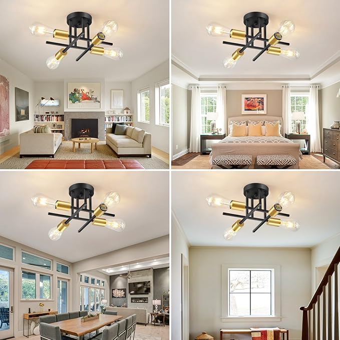 EGM Black & Gold Sputnik Ceiling Light Fixture, 4-Light Modern Flush Mount Ceiling Light with E26 Bulb Base, Close to Ceiling Lights for Dining Room Hallway Living Room Kitchen (2 Pack)
