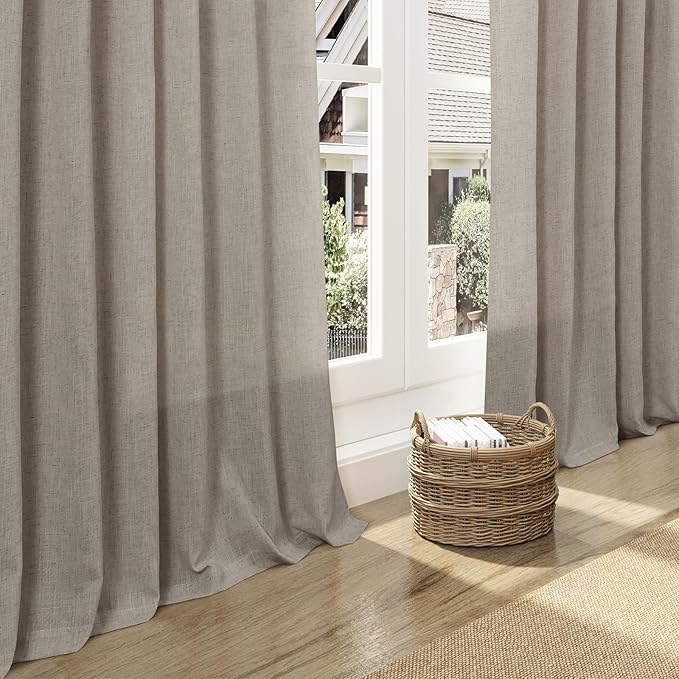 Nanspring Grey Beige Curtains for Living Room 120 Inches Long Linen Light Filtering Semi Sheer Curtain Back Tab Simple Modern Boho Long Floor to Ceiling High Window for Bedroom 52x120, 2 Panels