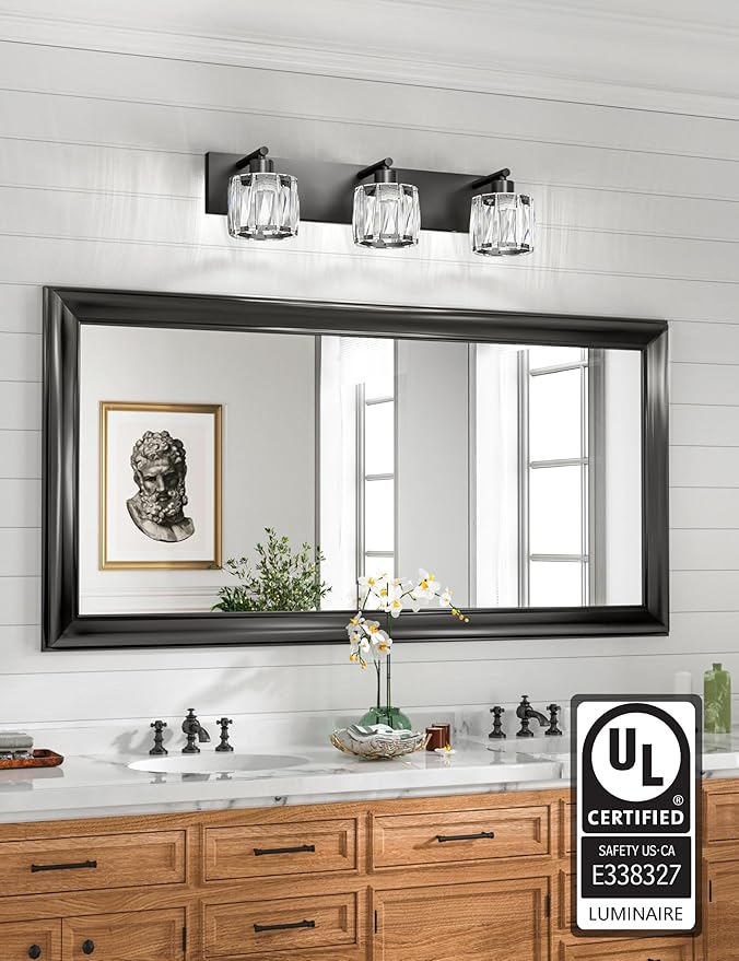 VOLISUN Crystal Vanity Lights for Bathrooms, 3 Light Bathroom Vanity Light, Modern Matte Black Bathroom Light Over Mirror, Black Bathrooms Lights Fixtures-UL Certificated(Exclude Bulb)