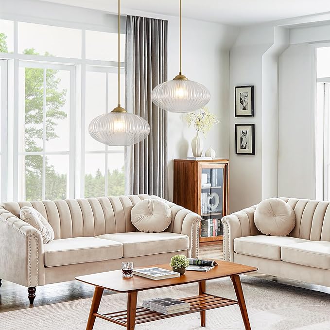 Mid Century Clear Glass Pendant Lights Kitchen Island Modern Brushed Gold Hanging Light Fixture Vintage 1 Light Single Indoor Round Pendant Lighting Adjustable Globe Hanging Lamps MPL30-D