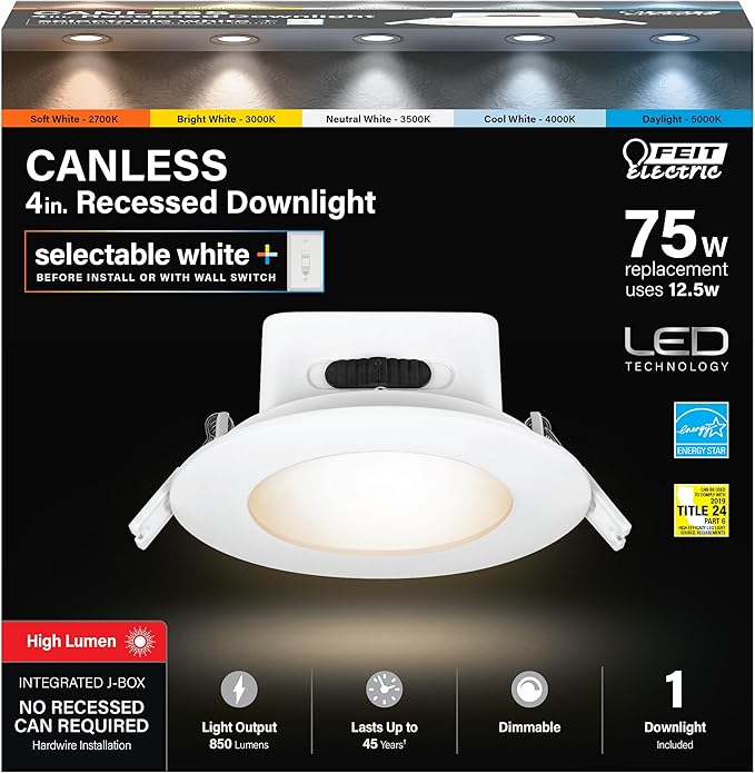 Feit Electric 4" LED Canless Recessed Downlight with Integrated J-Box, High Output, 75W Equivalent, Dimmable, 5CCT Selectable White, 90 CRI, 850 Lumens, 45-Year Lifetime, 4 Pack, LEDR4HOJBX/6WYCA/4