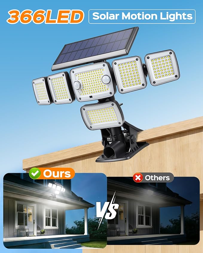 Solar Flood Lights Outdoor,5000LM 336 LEDs Dual Clip on Motion Sensor Lights with 360° Wide Angle &3 Modes, IP65 Waterproof Security Lights for Yard Patio Garage Garden,1Pack