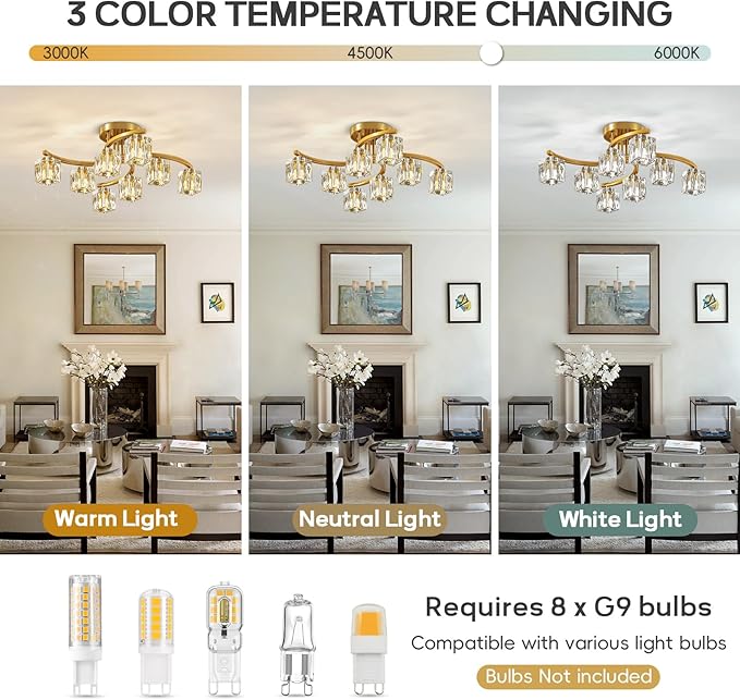 Gold Semi Flush Mount Ceiling Light Fixture, 8-Light Modern Chandelier with K9 Crystal for Living Room, Bedroom, Kitchen，Entryway Light
