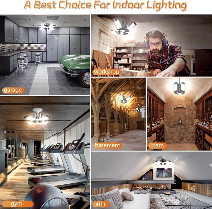LED Garage Light - 120W Garage Lights Ceiling LED 12000LM with 4+1 Deformable Panels, Screw in Shop Lighting 6500K Fit for E26 E27 Bulb Socket, for Workshop, Barn, Basement, Attic, Bay