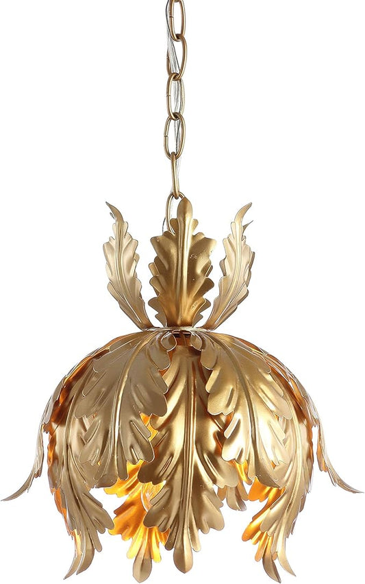 JONATHAN Y 12" Gold 1-Light Iron Pendant Light, Adjustable Height Lotus Leaf Design Hanging Fixture for Bathroom Hallway, Classic French Country, LED Bulb Included JYL9509A