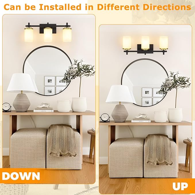 3-Lights Black and Gold Bathroom Lighting Fixtures Over Mirror, Anti-Rust Vanity Wall Lights for Bathroom with Milky White Frosted Glass Shades, Modern Bath Wall Lamp for Living Room Bedroom
