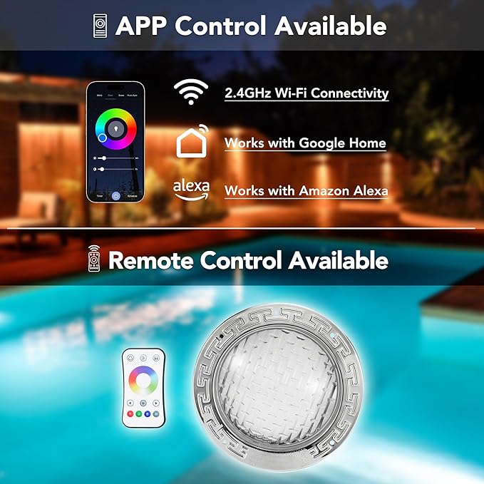 PN01DC LED Inground Pool Lighting System RGBW Color Change 10 Inch 50W, Remote/App Control, 120V AC, 100 Feet Cord