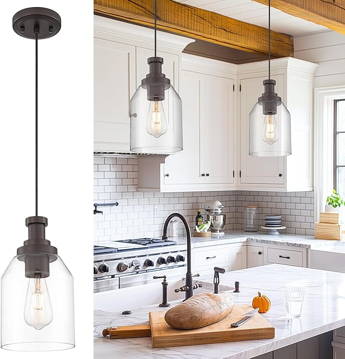 zeyu 1-Light Pendant Light Fixtures for Kitchen Bedroom, Farmhouse Hanging Pendant Light, Clear Glass Shade, Oil Rubbed Bronze Finish, ZG33M1L-L ORB