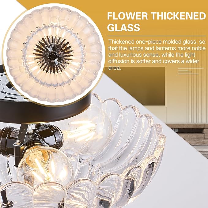 3-Lights Mid Century Modern Vintage Semi Flush Mount Ceiling Light Fixture,Black Surface Treatment,Clear Flower Glass,for Hallway Bedroom Bathroom Foyer Closet Entryway Laundry Room(11.81 in)