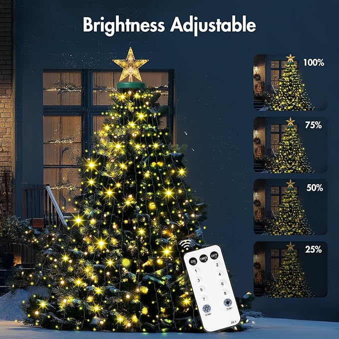 Christmas Lights with Star Topper, 410LED String Lights with Ring for Tree, 6.6FT x 16 Lines Fairy Lights with 8 Modes for Indoor Outdoor Xmas Decor, Warm White