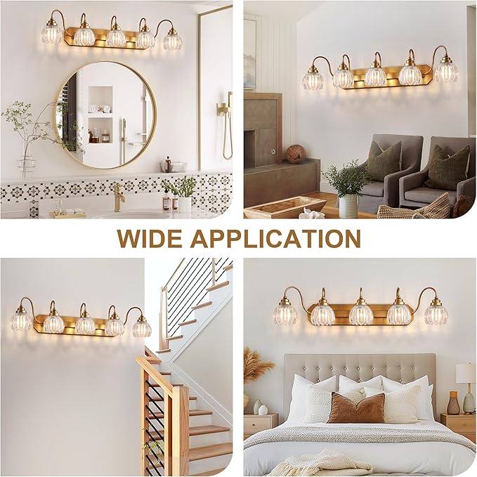 Gold Vanity Light, Vintage Bathroom Light Fixtures, 5-Light Matte Antique Brass Finish with Crystal Glass Shade, Mid Century Style Wall Sconces for Bedroom, Living Room