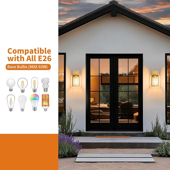 Outdoor Light Fixtures Wall Mount, Waterproof Front Porch Lights, Modern Exterior Lighting Fixtures with E26 Socket, Gold Wall Sconces Lantern Lamp, Outside Lights for House, Garage, Patio (2 Pack）