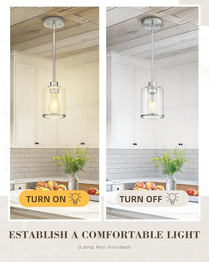 Beionxii Brushed Nickel Pendant Lights Kitchen Island 2 Pack, Hanging Lights Fixtures with Clear Glass, Kitchen Pendant Lighting Over Island, Hanging Lights for Sink Dining Room Entryway BX-PL02BN-2CG