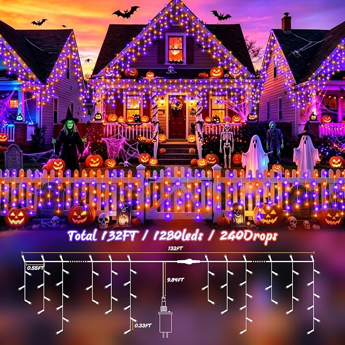 XURISEN 132ft Christmas Lights Decorations Outdoor, 1280 LED 8 Modes Fairy Lights with 240 Drops,Plug in Waterproof Timer Memory Function for Christmas Holiday Wedding Party Decorations(P+O)