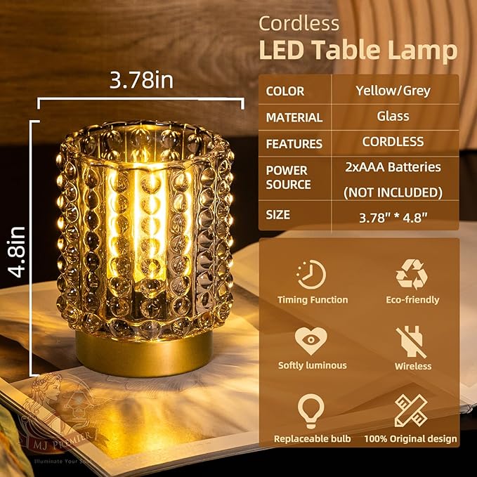 Battery Operated Lamp with Timer, Mini Crystal Table Lamps for Home Decor, Small Cordless Lamp for Areas No Outlets, Glass Battery Powered Lamps for Entryway, Bedroom, Bathroom, Shelf, Corner (2 Grey)