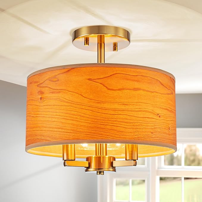 3-Light Solid Wood Drum Ceiling Light, Coastal Style Pendant Light Fixture for Dining Room, Living Room, D11.8 * H11.1 inch, Solid Wood Lampshade & Gold Finish