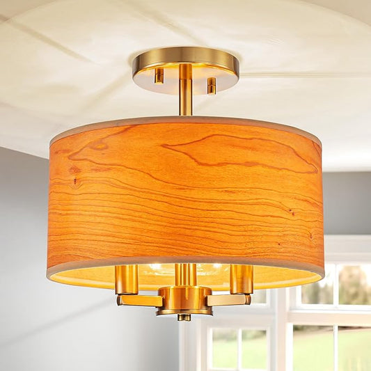3-Light Solid Wood Drum Ceiling Light, Coastal Style Pendant Light Fixture for Dining Room, Living Room, D11.8 * H11.1 inch, Solid Wood Lampshade & Gold Finish