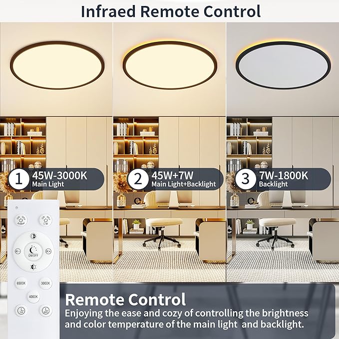 19 Inch Flush Mount Ceiling Light with Night Light, 45W 4500LM, Dimmable LED Ceiling Lights Fixture with Remote Control, 3000K/4000K/6500K Selectable, Slim Bright Bedroom Light Fixture, Round Black