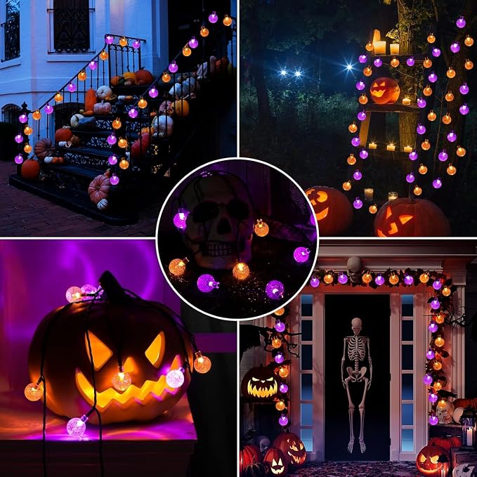 Joomer Orange Purple Halloween Solar String Light,65FT 100LED Crystal Globe | with 8 Lighting Modes,IP65 Waterproof Auto On/Off Solar Powered Lights for Garden Yard Outdoor Halloween Decor