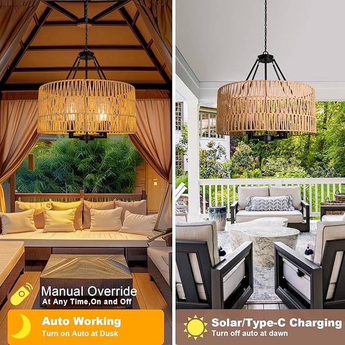 Solar Outdoor Chandelier, 4-Light 19" Rattan Outdoor Chandelier, Solar Hanging Pendant Waterproof Lights, for Gazebo, Pergola, Porch, Patio, Backyard