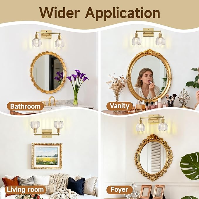 Vintage Bathroom Light Fixtures,2-Light Rustic Vanity Lights for Bathroom,Hallway,16.5 in Brass Vanity Lights,Tulip Light Fixtures for Mirror with Clear Tulip Glass Shade for Bedroom,E26 Base