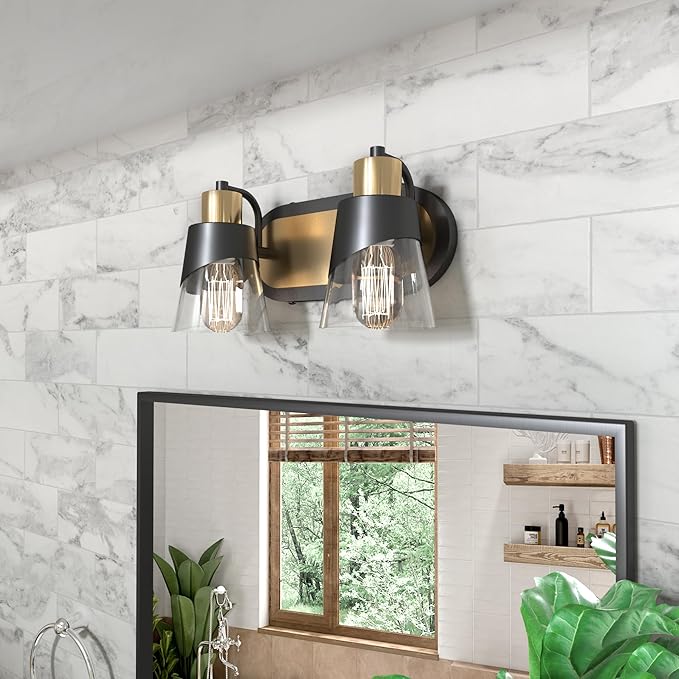 URSOLA 2 Lights Bathroom Vanity Light, Bathroom Lighting Fixtures Over Mirror, 13.8 inch Bathroom Light Fixtures Black and Gold with Bevelled Edge and Clear Glass Shade Wall Lamp