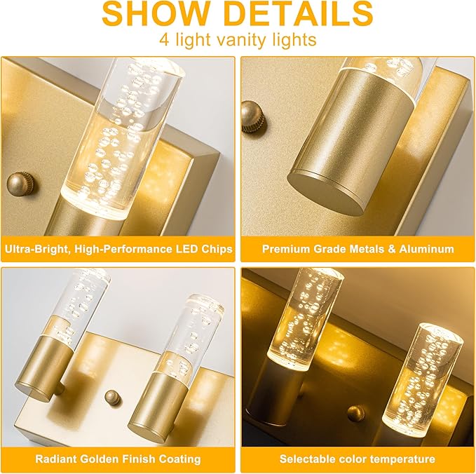 Bathroom Vanity Light Fixtures Over Mirror Brushed Golden Finish Coating, 4 Light Vanity Lights, Wall Sconces Fixture Vanity Lighting for Bathroom