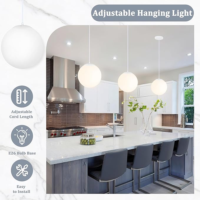 KoKo&Yukina 10 Inch Pendant Light White Globe Pendant Lights Kitchen Island Mid Century Light Fixture Adjustable Globe Pendants Lights with Milky White Glass Shade for Dining Room Living Room