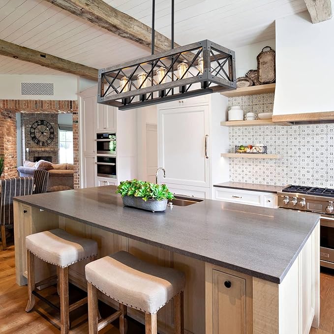 Lingkai Kitchen Island Lighting, 32 Inch 5 Light Farmhouse Linear Chandelier Dining Room Pool Table Pendant Light Fixtures, Rustic Wood Grain Finish
