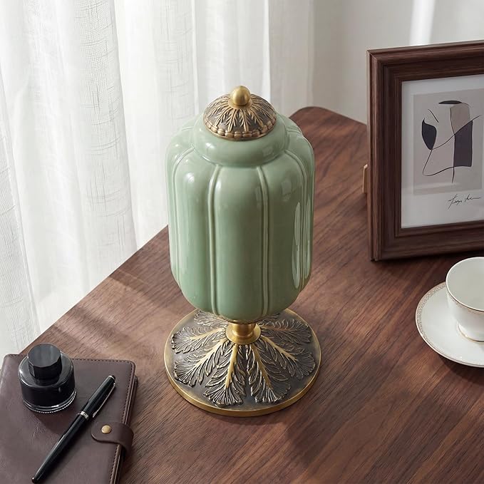 Milk Glass Table Lamp - Modern Farmhouse Design with Antique Brass Finish Base, Green Desk Light for Living Room & Bedroom Decor (Green 15")