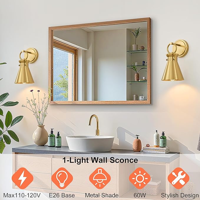 Gold Wall Sconce for Bathroom, Modern Vanity Light Fixtures, Wall Mount Lighting Farmhouse Wall Lights with 6 Inch Metal Lampshade for Bedroom Living Room Mirror Kitchen (Gold Metal, 1 Pack)
