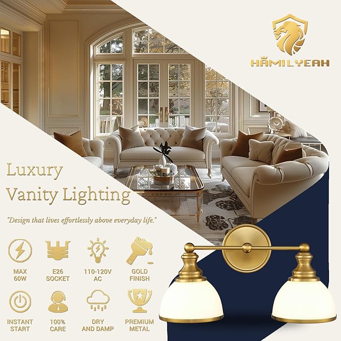 Hamilyeah 2-Light Gold Bathroom Vanity Light, Brushed Gold Wall Light Fixture with Milky White Glass Shades, Vintage Vanity Lighting for Bathroom, Powder Room, Bedroom, Hallway