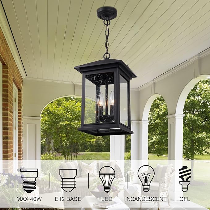 Treekee Large Outdoor Pendant Light, Modern Adjustable Hanging Lantern, Black Outside Porch Chandelier Light with Seeded Glass, Exterior Pendant Lighting for Patio, Porch, Yard