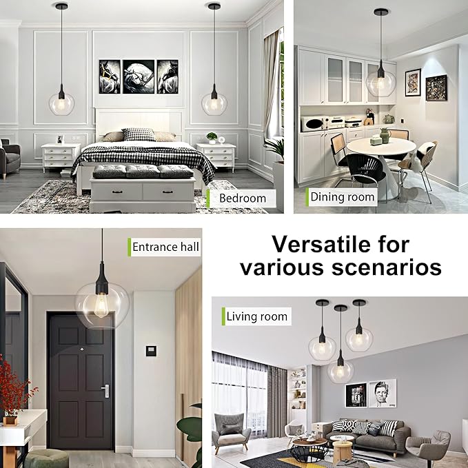Glass Pendant Lights Kitchen Island, 9.45'' Matte Black Pendant Lighting Fixtures, Modern Hanging Ceiling Light with Clear Glass Shade for Farmhouse Dining Room Bedroom Hallway(1 Pack)